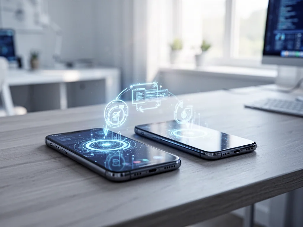 Dwa smartfony leżące na biurku, symbolizujące proces przesyłania danych między systemami Android i iOS.