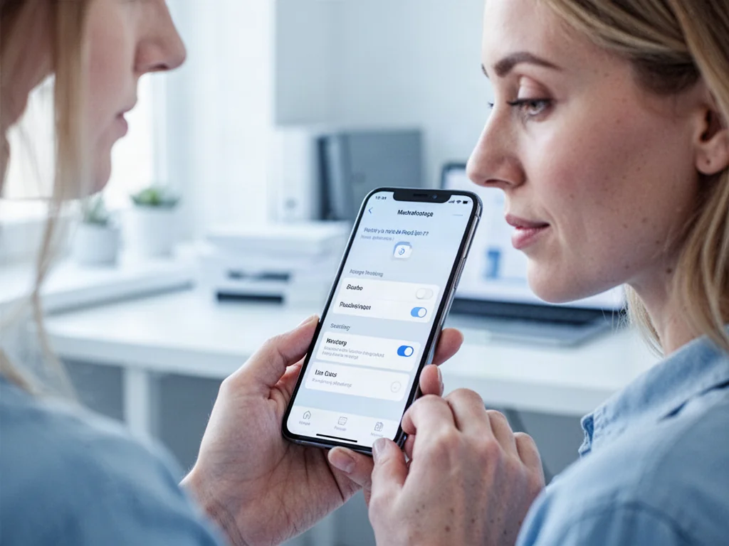 Kobieta trzymająca iPhone'a, przeglądająca ustawienia urządzenia w jasnym, minimalistycznym biurze.