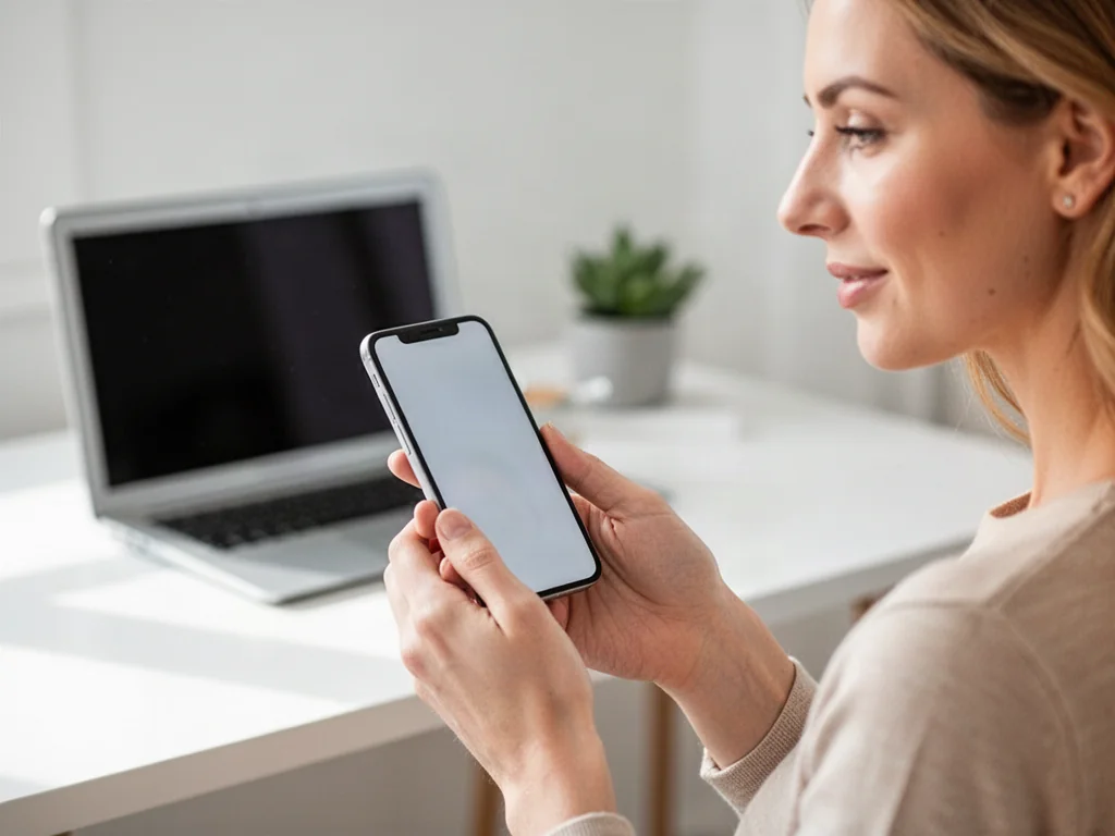 Kobieta trzymająca nowoczesny smartfon w jasnym biurze, ilustrująca proces zarządzania pamięcią w telefonie.