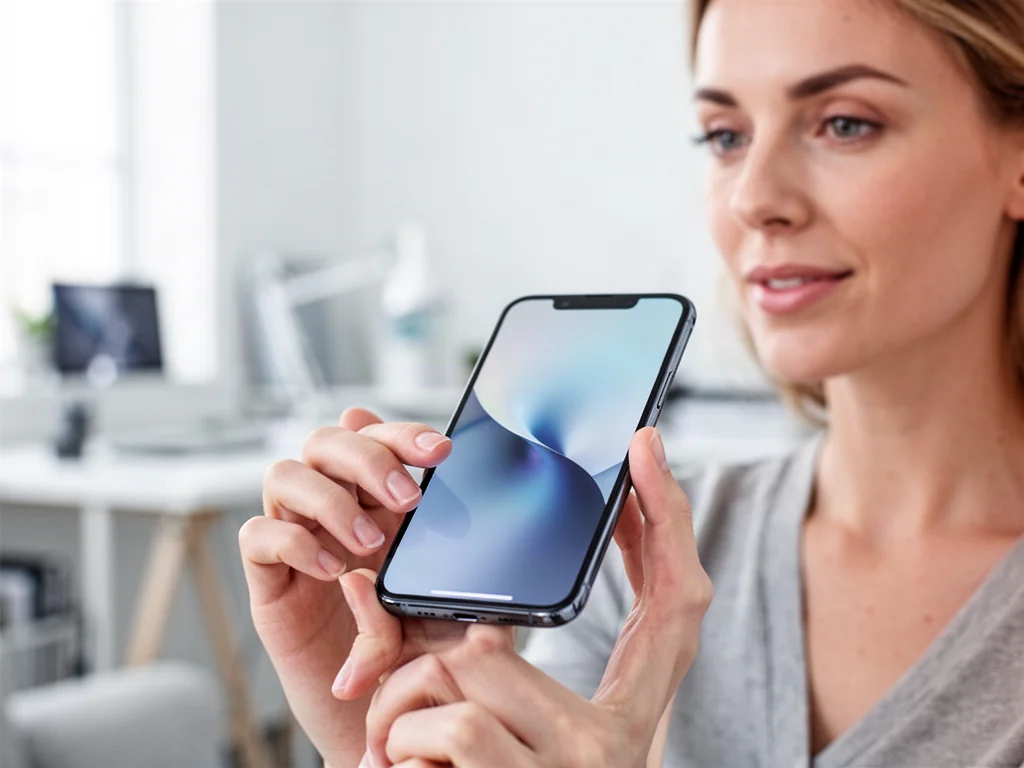 Dłoń trzymająca nowoczesny smartfon w jasnym biurze, gotowa do obsługi ustawień urządzenia.