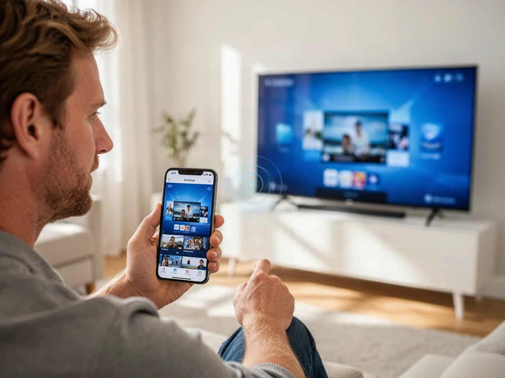 Mężczyzna trzymający iPhone’a, na którego ekranie widać obraz przesyłany bezprzewodowo na nowoczesny telewizor w salonie.
