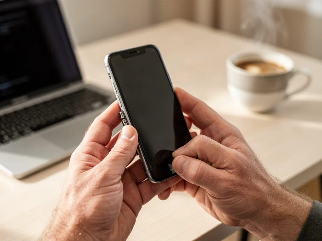 Dłonie trzymające smartfon, wykonujące zrzut ekranu poprzez jednoczesne naciśnięcie przycisku bocznego i regulacji głośności.
