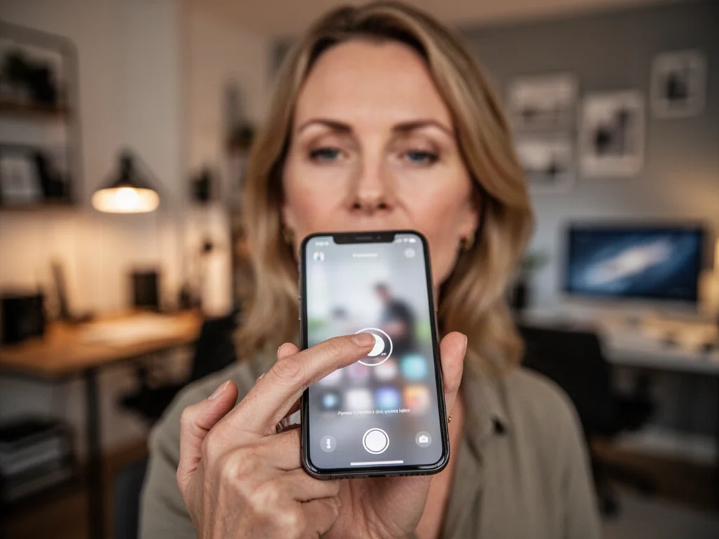 Kobieta trzymająca iPhone'a, przygotowująca się do uruchomienia funkcji nagrywania ekranu w domowym biurze.