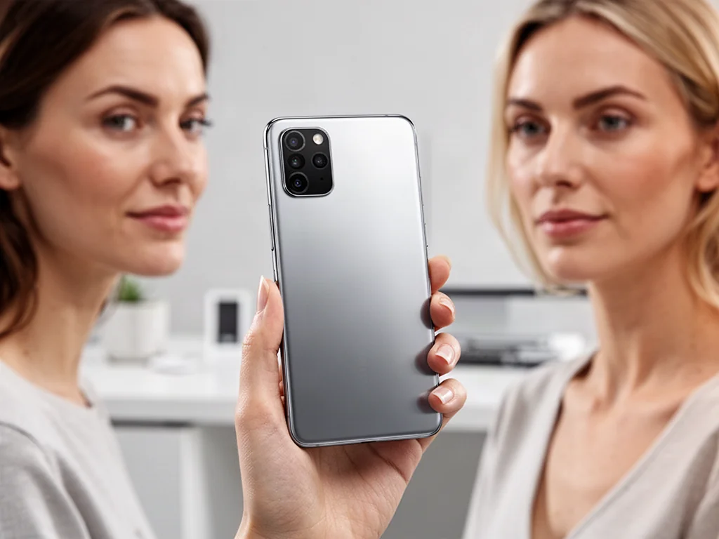 Kobieta trzymająca w dłoni nowoczesny smartfon iPhone 15, prezentujący smukły design i metaliczne wykończenie obudowy.