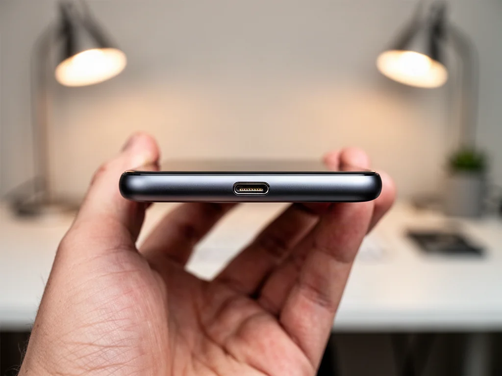 Zbliżenie na port ładowania Lightning w dolnej krawędzi smartfona iPhone 14.