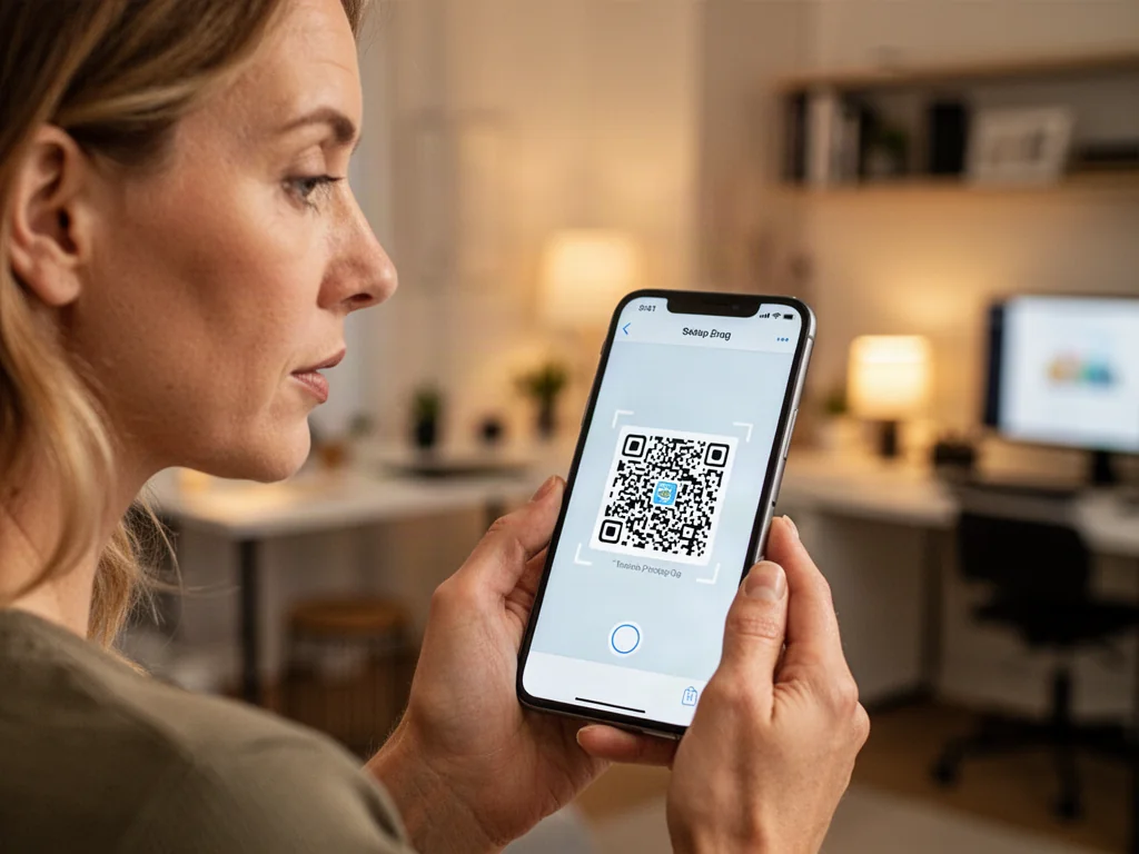 Kobieta trzymająca iPhone'a z otwartym interfejsem skanowania kodu QR w nowoczesnym domowym biurze.