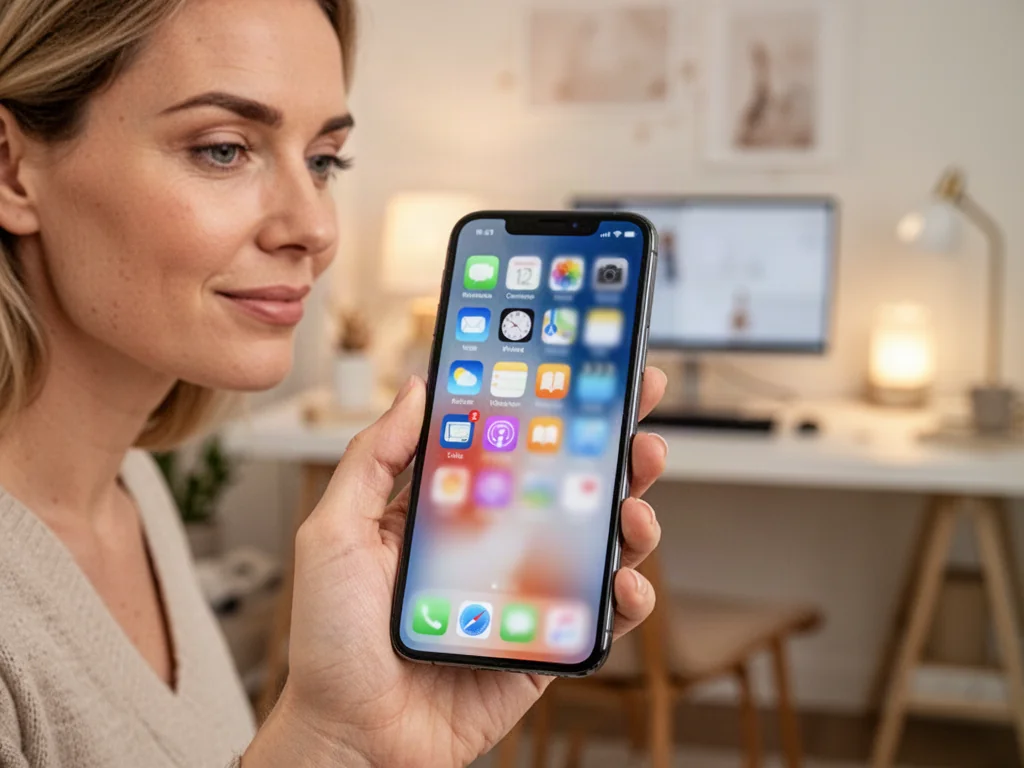 Dłoń trzymająca iPhone'a z ekranem głównym, ilustrująca proces zarządzania i ukrywania aplikacji w minimalistycznym wnętrzu.