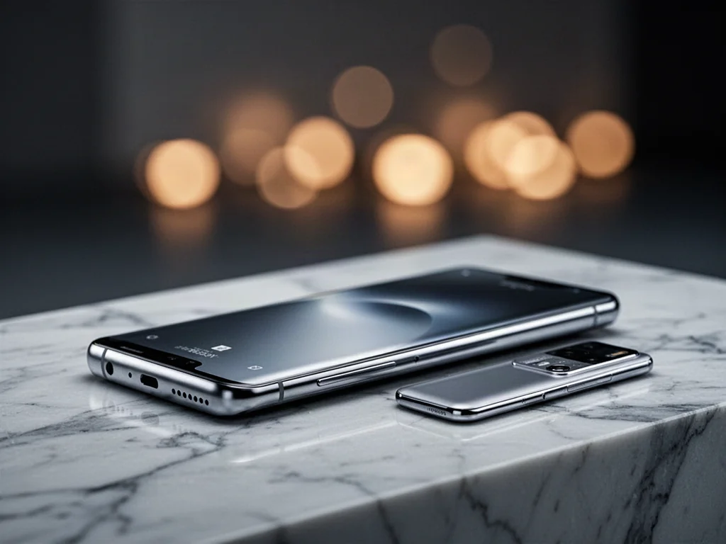 Srebrny iPhone 16 Pro Max na marmurowym blacie w eleganckim, studyjnym oświetleniu.