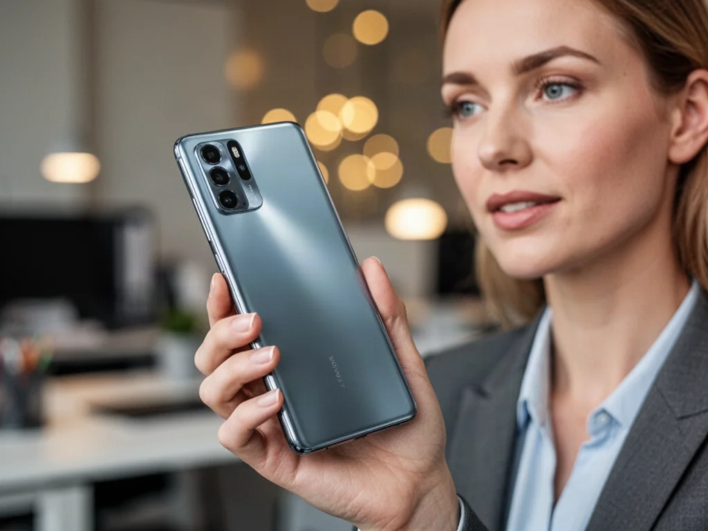 Kobieta trzymająca w dłoni nowoczesny smartfon iPhone 12 na tle rozmytego biura.