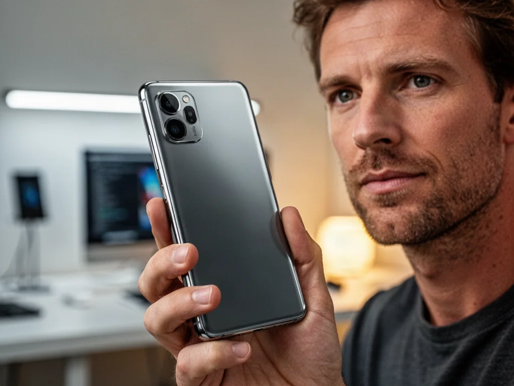 Mężczyzna trzymający w dłoni iPhone’a 15 z tytanową obudową w nowoczesnym, profesjonalnym biurze.