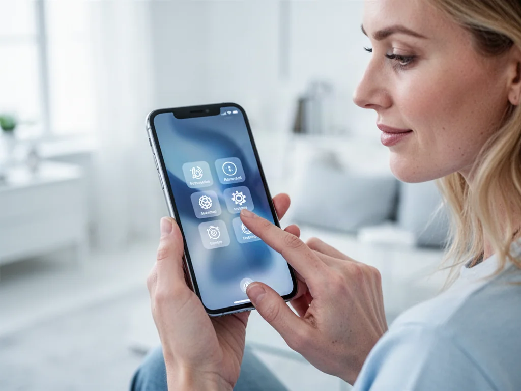 Dłoń trzymająca iPhone'a, na którego ekranie użytkowniczka otwiera ustawienia w celu konfiguracji lokalizacji.